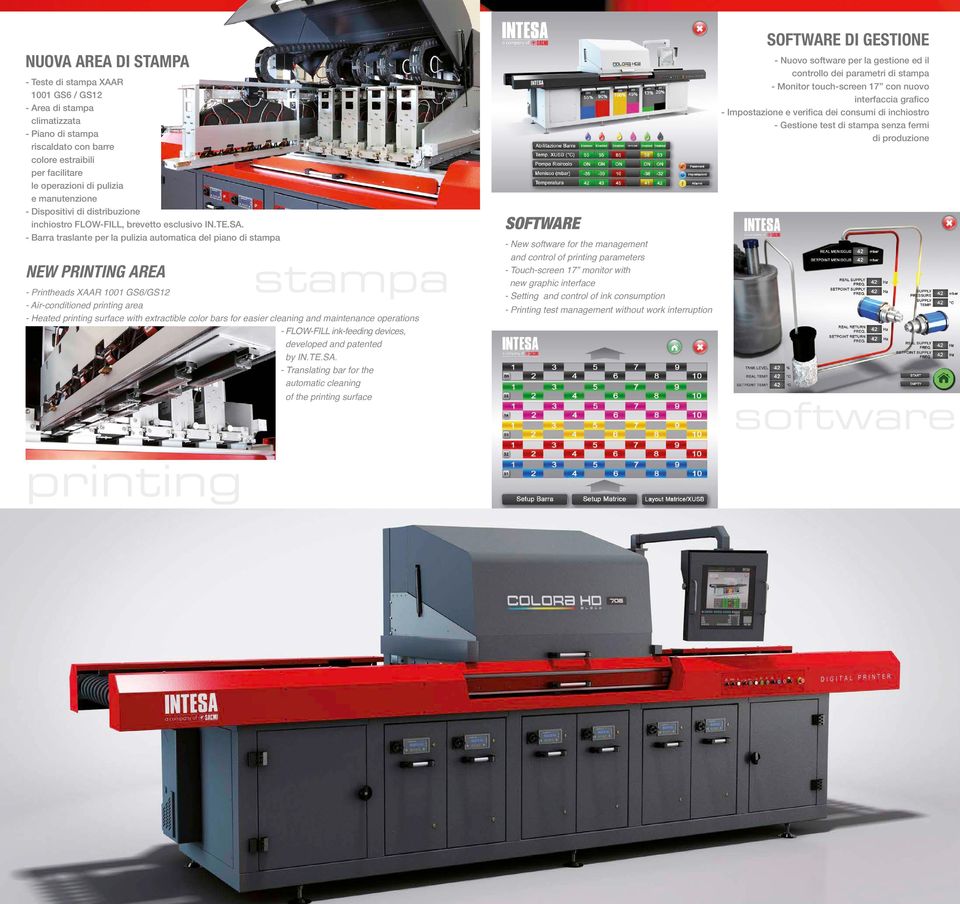 - Barra traslante per la pulizia automatica del piano di stampa NEW PRINTING AREA stampa - Printheads XAAR 1001 GS6/GS12 - Air-conditioned printing area - Heated printing surface with extractible