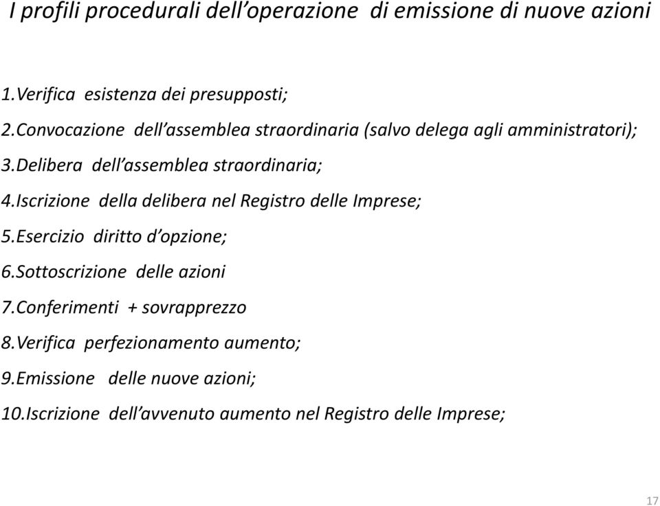 Iscrizione della delibera nel Registro delle Imprese; 5.Esercizio diritto d opzione; 6.Sottoscrizione delle azioni 7.