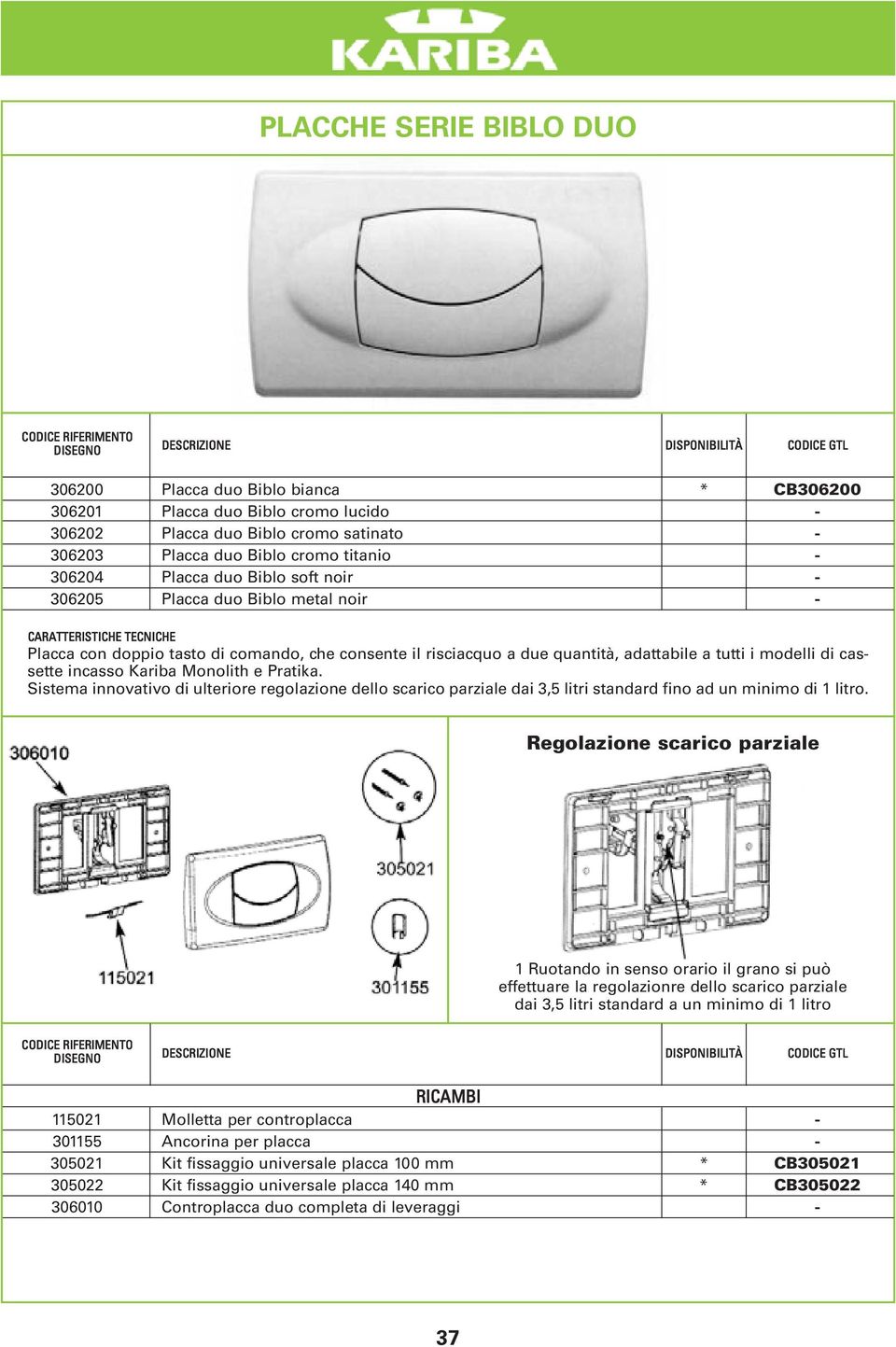 cassette incasso Kariba Monolith e Pratika. Sistema innovativo di ulteriore regolazione dello scarico parziale dai 3,5 litri standard fino ad un minimo di 1 litro.