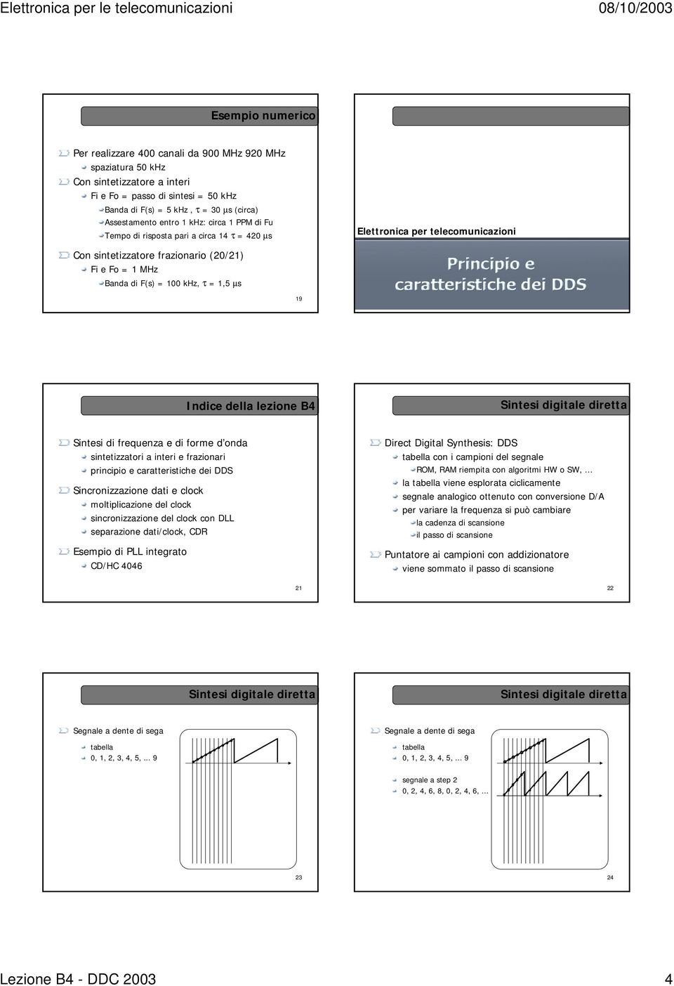 µs 19 20 Indice della lezione B4 Sintesi digitale diretta Sintesi di frequenza e di forme d onda principio e caratteristiche dei DDS moltiplicazione del clock sincronizzazione del clock con DLL