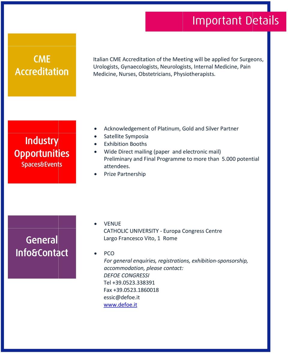 Industry Opportunities Spaces&Events Acknowledgement of Platinum, Gold and Silver Partner Satellite Symposia Exhibition Booths Wide Direct mailing (paper and electronic mail) Preliminary and