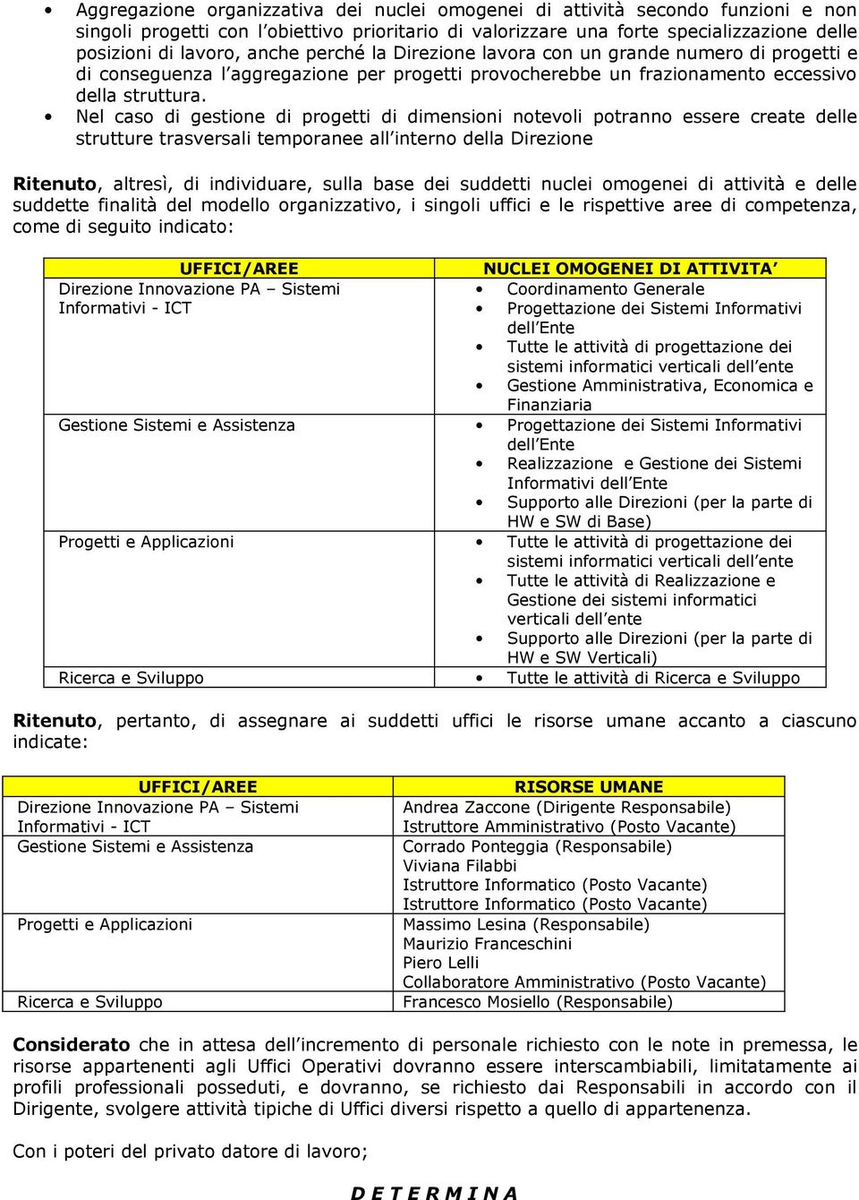 Nel caso di gestione di progetti di dimensioni notevoli potranno essere create delle strutture trasversali temporanee all interno della Direzione Ritenuto, altresì, di individuare, sulla base dei