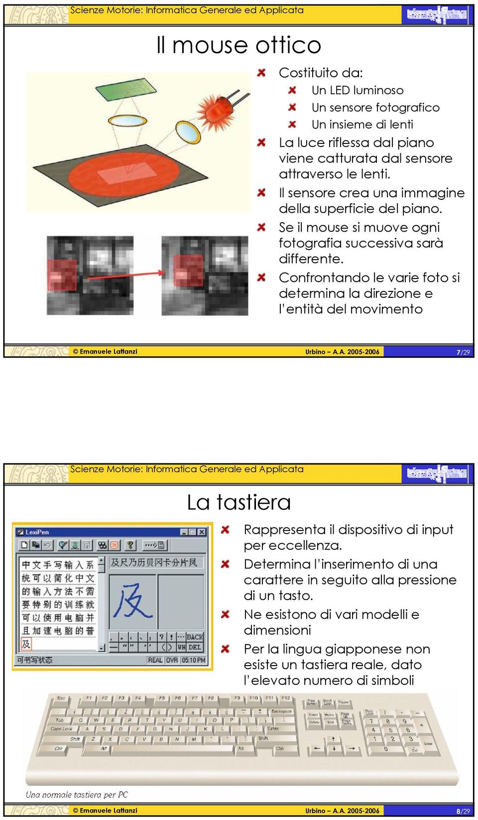 Confrontando le varie foto si determina la direzione e l entità del movimento 7/29 La tastiera Rappresenta il dispositivo di input per eccellenza.