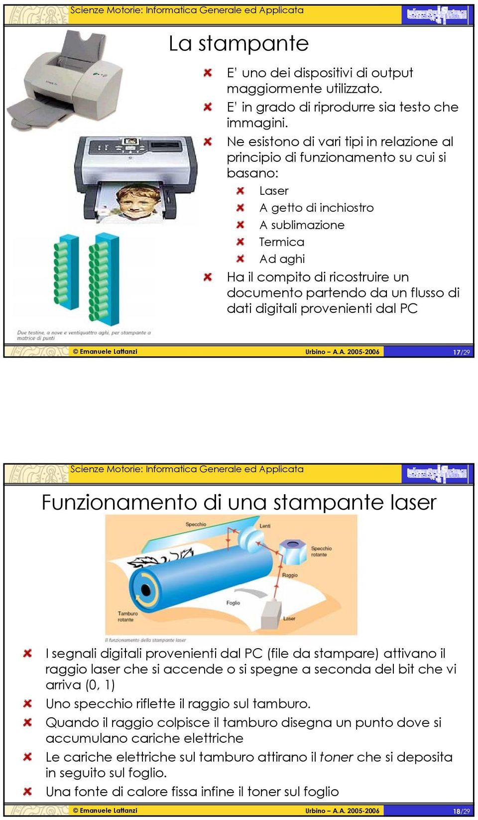 un flusso di dati digitali provenienti dal PC 17/29 Funzionamento di una stampante laser I segnali digitali provenienti dal PC (file da stampare) attivano il raggio laser che si accende o si spegne a