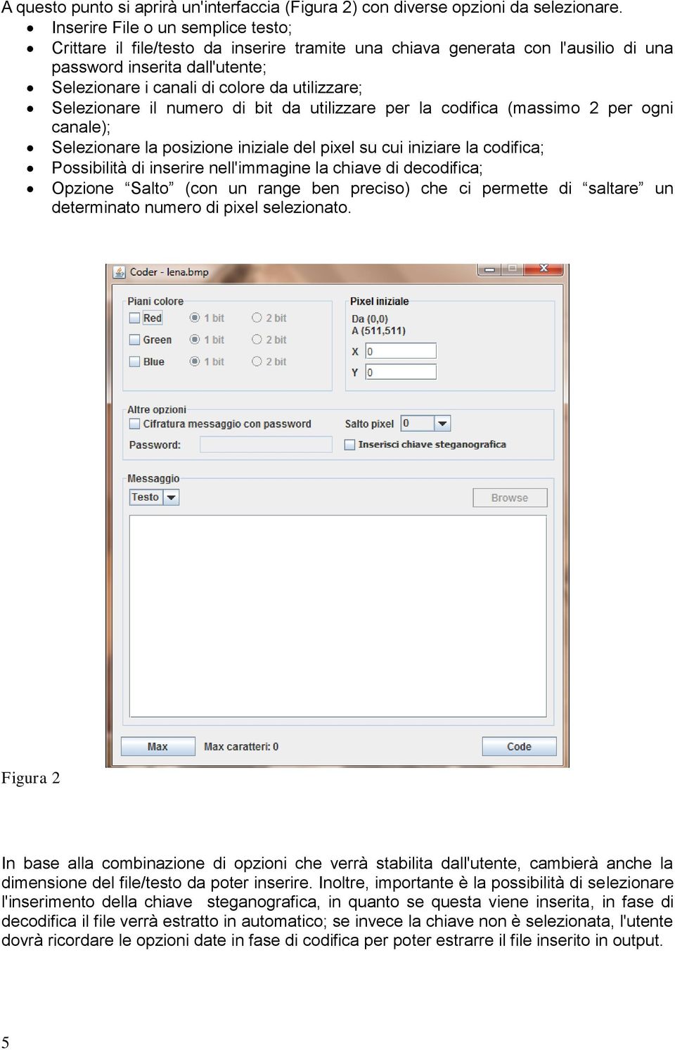 Selezionare il numero di bit da utilizzare per la codifica (massimo 2 per ogni canale); Selezionare la posizione iniziale del pixel su cui iniziare la codifica; Possibilità di inserire nell'immagine