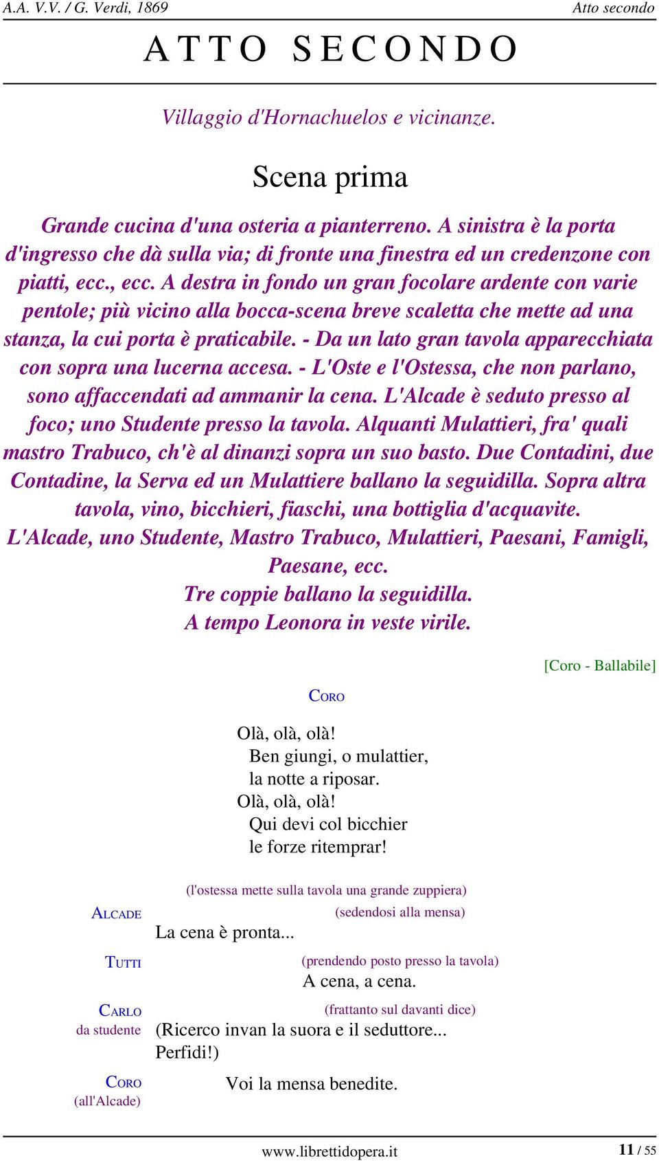 , ecc. A destra in fondo un gran focolare ardente con varie pentole; più vicino alla bocca scena breve scaletta che mette ad una stanza, la cui porta è praticabile.