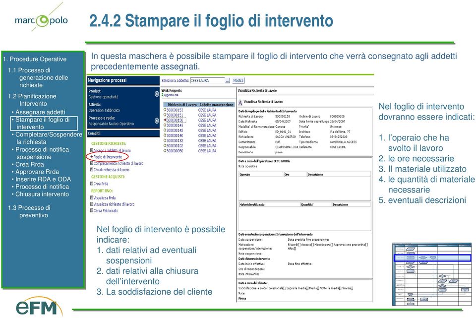 Nel foglio di intervento è possibile indicare: 1. dati relativi ad eventuali sospensioni 2. dati relativi alla chiusura dell intervento 3.