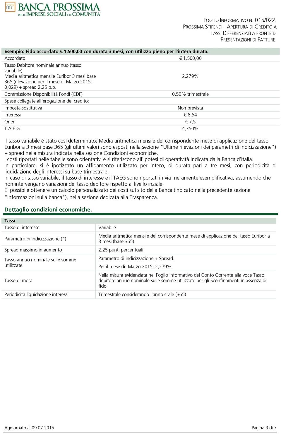 r il mese di Marzo 2015: 0,029) + spread 2,25 p.p. Disponibilità Fondi 0,50% trimestrale Spese collegate all erogazione del credito: Imposta sostitutiva Non prevista Interessi 8,54 Oneri 7,5 T.A.E.G.