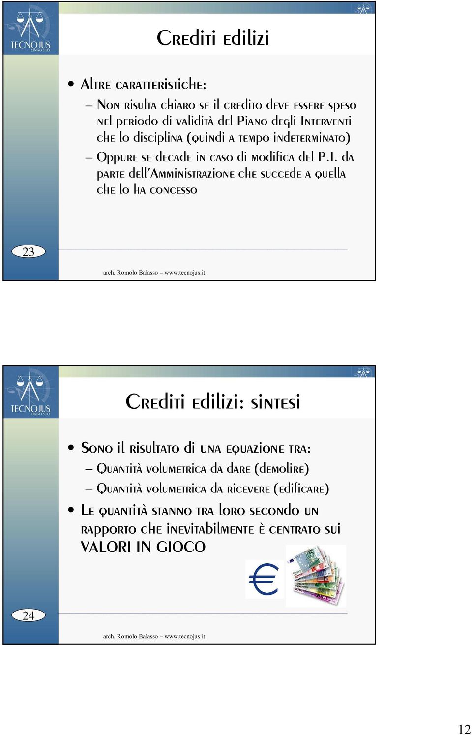 da parte dell Amministrazione che succede a quella che lo ha concesso 23 Crediti edilizi: sintesi Sono il risultato di una equazione tra: