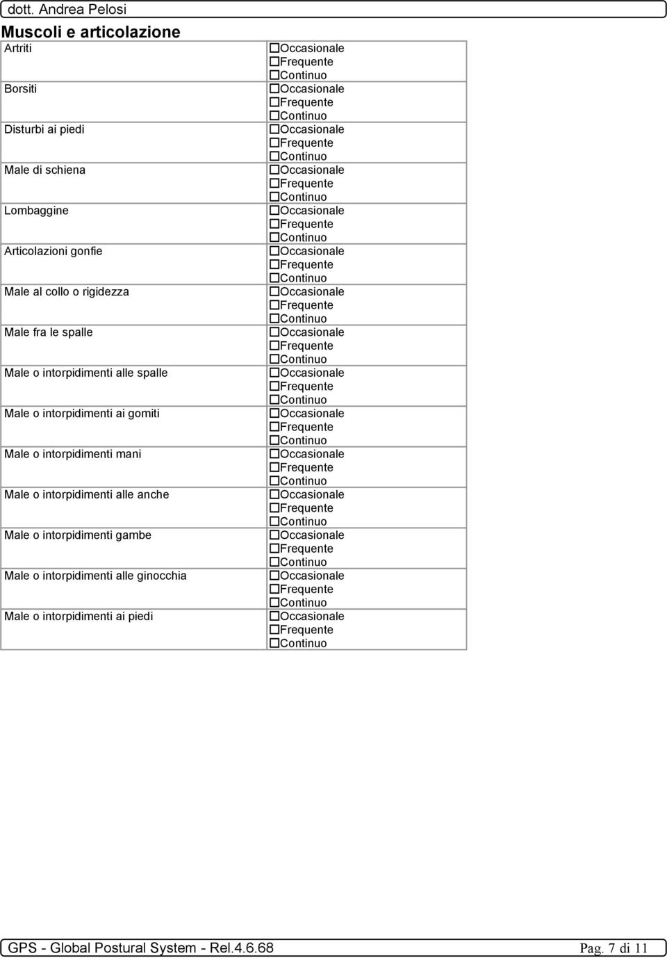 Male o intorpidimenti ai gomiti Occasionale Male o intorpidimenti mani Occasionale Male o intorpidimenti alle anche Occasionale Male o intorpidimenti