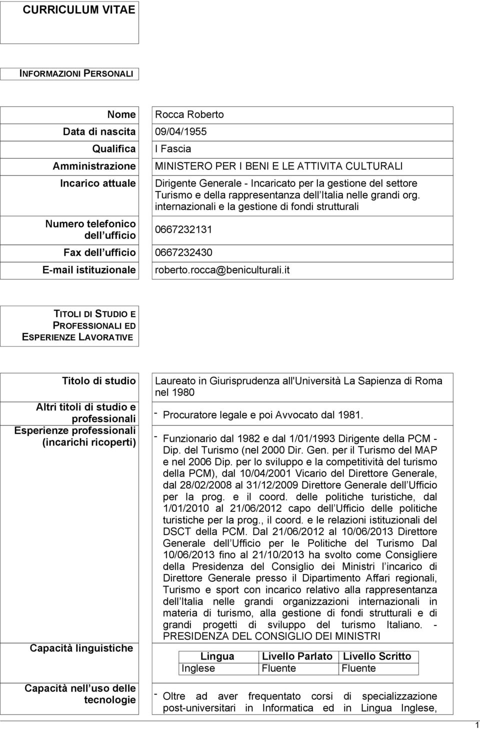 internazionali e la gestione di fondi strutturali 0667232131 Fax dell ufficio 0667232430 E-mail istituzionale roberto.rocca@beniculturali.