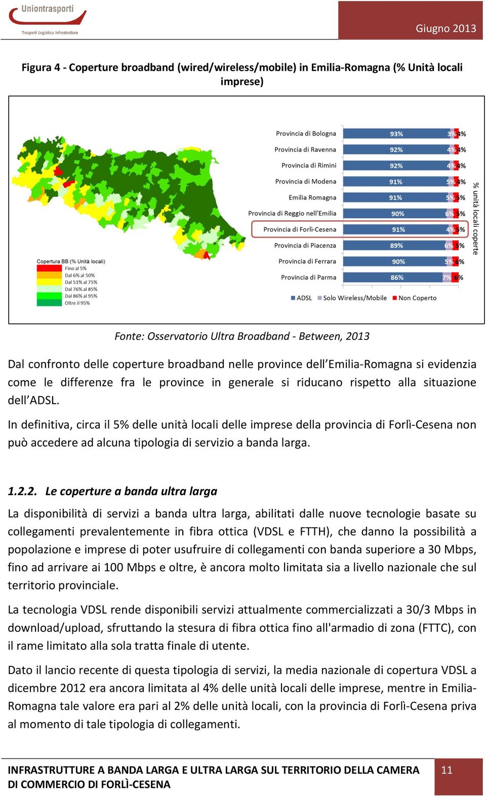 In definitiva, circa il 5% delle unità locali delle imprese della provincia di Forlì-Cesena non può accedere ad alcuna tipologia di servizio a banda larga. 1.2.