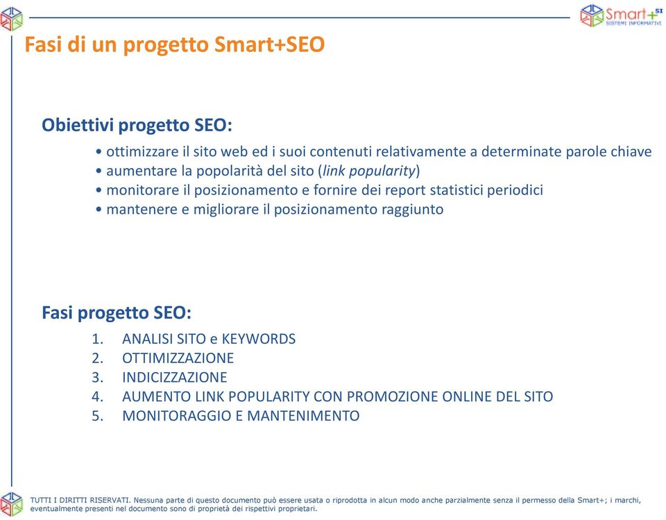 report statistici periodici mantenere e migliorare il posizionamento raggiunto Fasi progetto SEO: 1.