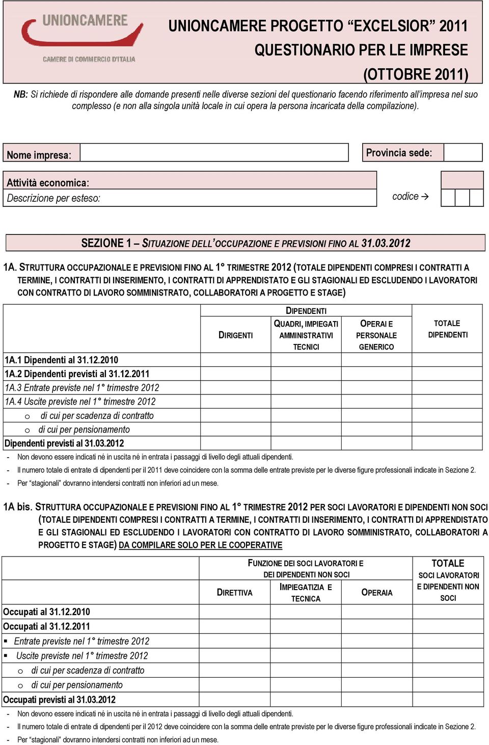 Nome impresa: Attività economica: Descrizione per esteso: Provincia sede: codice SEZIONE 1 SITUAZIONE DELL OCCUPAZIONE E PREVISIONI FINO AL 31.03.2012 1A.