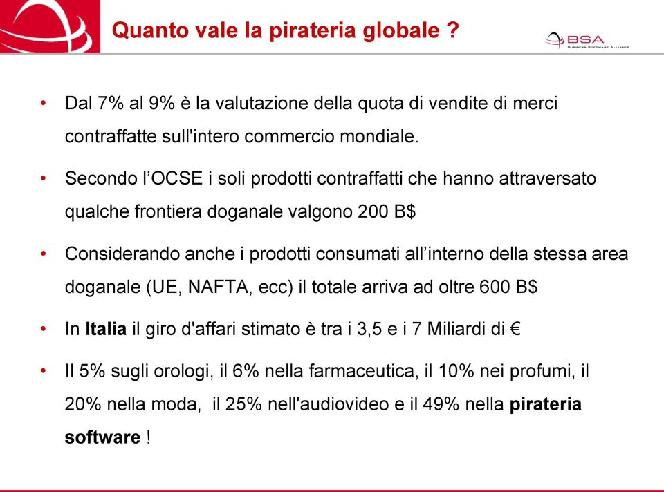 consumati all interno della stessa area doganale (UE, NAFTA, ecc) il totale arriva ad oltre 600 B$ In Italia il giro d'affari stimato è tra i 3,5