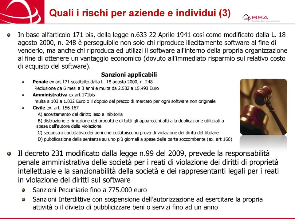 vantaggio economico (dovuto all immediato risparmio sul relativo costo di acquisto del software). Sanzioni applicabili Penale ex art.171 sostituito dalla L. 18 agosto 2000, n.