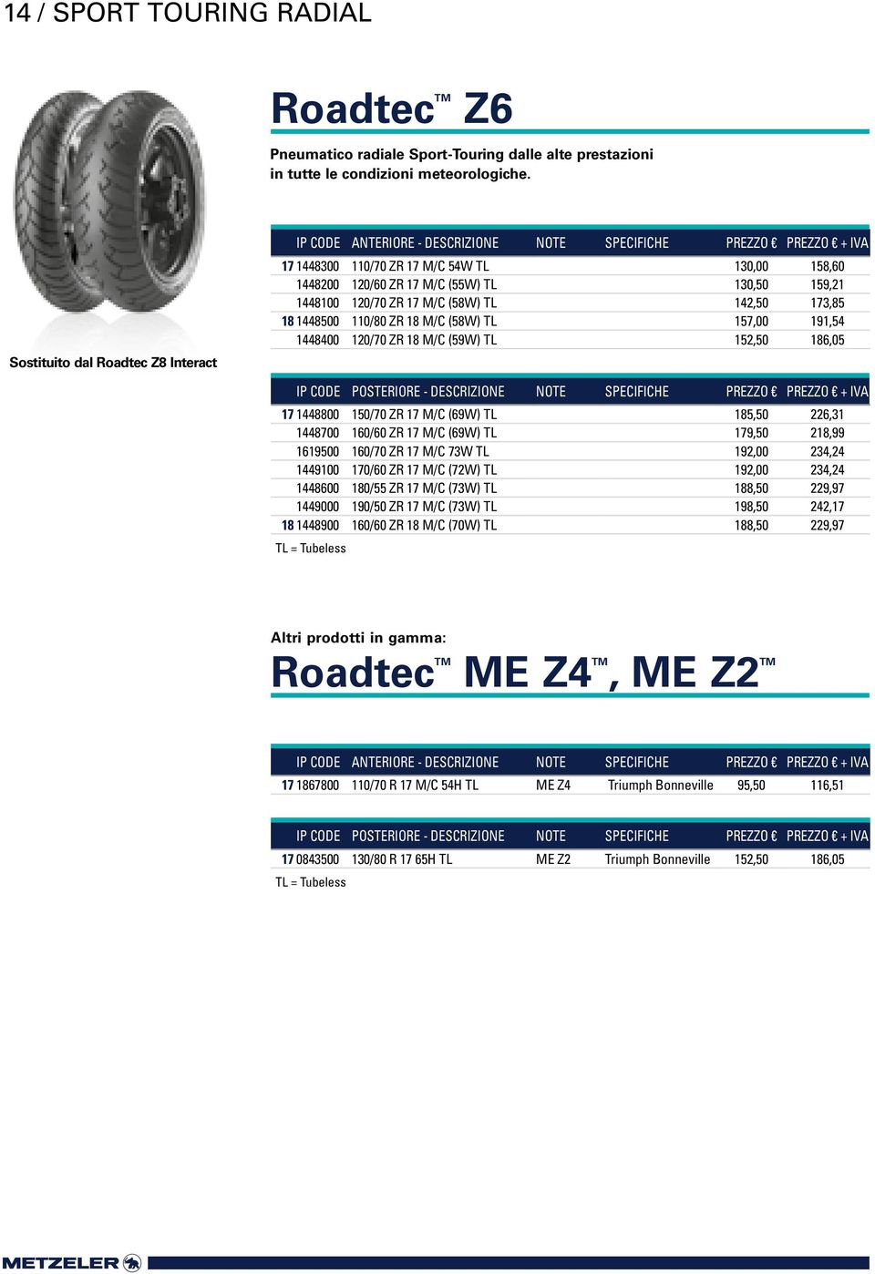 ZR 18 M/C (58W) TL 157,00 191,54 1448400 120/70 ZR 18 M/C (59W) TL 152,50 186,05 17 1448800 150/70 ZR 17 M/C (69W) TL 185,50 226,31 1448700 160/60 ZR 17 M/C (69W) TL 179,50 218,99 1619500 160/70 ZR