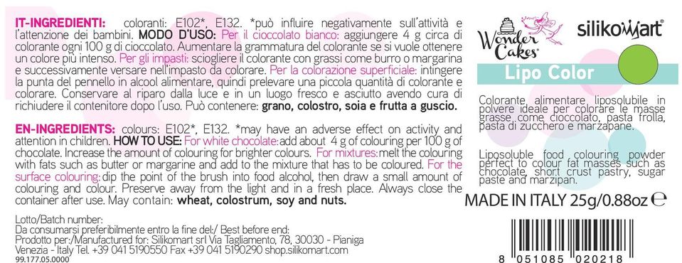 Per gli impasti: sciogliere il colorante con grassi come burro o margarina e successivamente versare nell'impasto da colorare.