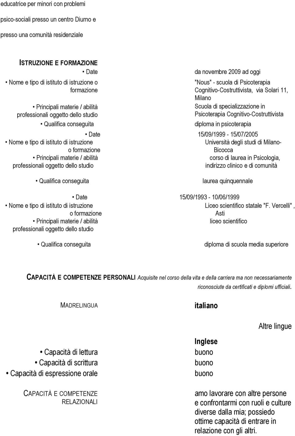 specializzazione in Psicoterapia Cognitivo-Costruttivista diploma in psicoterapia 15/09/1999-15/07/2005 Nome e tipo di istituto di istruzione Università degli studi di Milanoo formazione Bicocca