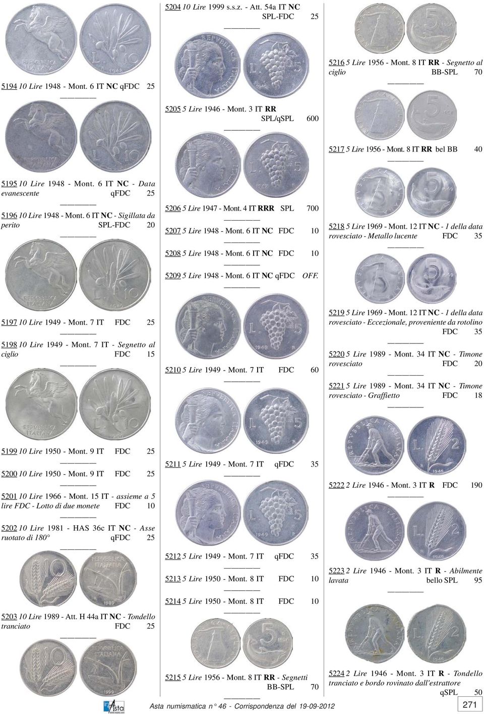 6 IT NC - Sigillata da perito SPL- 5206 5 Lire 1947 - Mont. 4 IT RRR SPL 700 5207 5 Lire 1948 - Mont. 6 IT NC 5208 5 Lire 1948 - Mont. 6 IT NC 5209 5 Lire 1948 - Mont. 6 IT NC qfdc OFF.