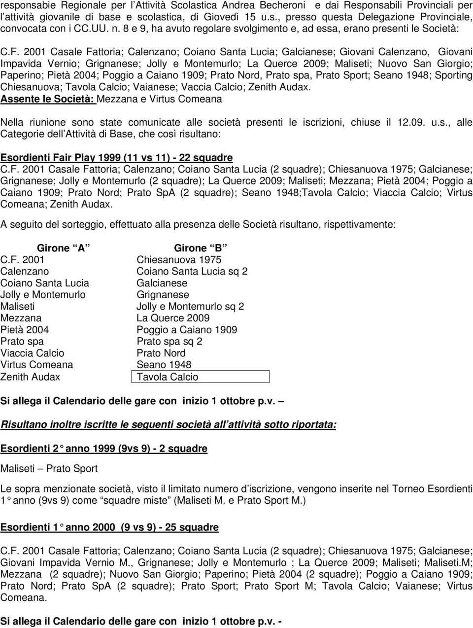 2001 Casale Fattoria; Calenzano; Coiano Santa Lucia; Galcianese; Giovani Calenzano, Giovani Impavida Vernio; Grignanese; Jolly e Montemurlo; La Querce 2009; Maliseti; Nuovo San Giorgio; Paperino;