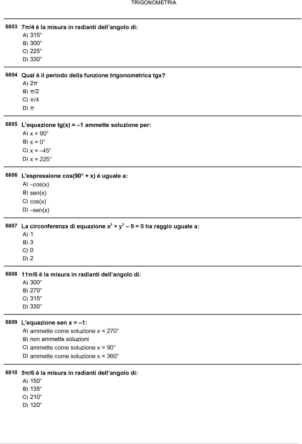 sen(x) La circonferenza di equazione x 2 + y 2 9 = 0 ha raggio uguale a: A) 1 B) 3 C) 0 D) 2 11π/6 è la misura in radianti dell angolo di: A) 300 B) 270 C) 315 D) 330 L'equazione sen