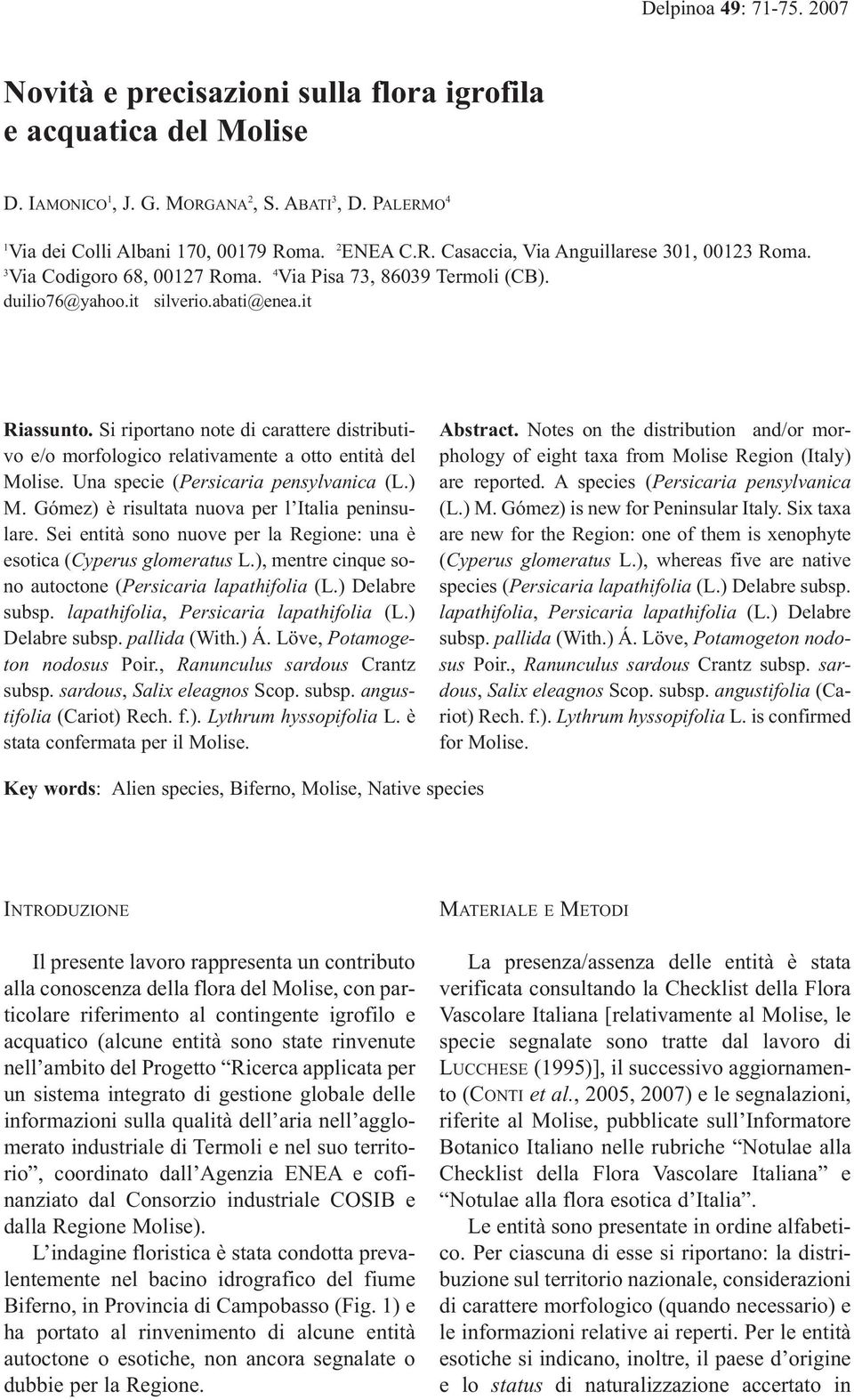 Si riportano note di carattere distributivo e/o morfologico relativamente a otto entità del Molise. Una specie (Persicaria pensylvanica (L.) M. Gómez) è risultata nuova per l Italia peninsulare.
