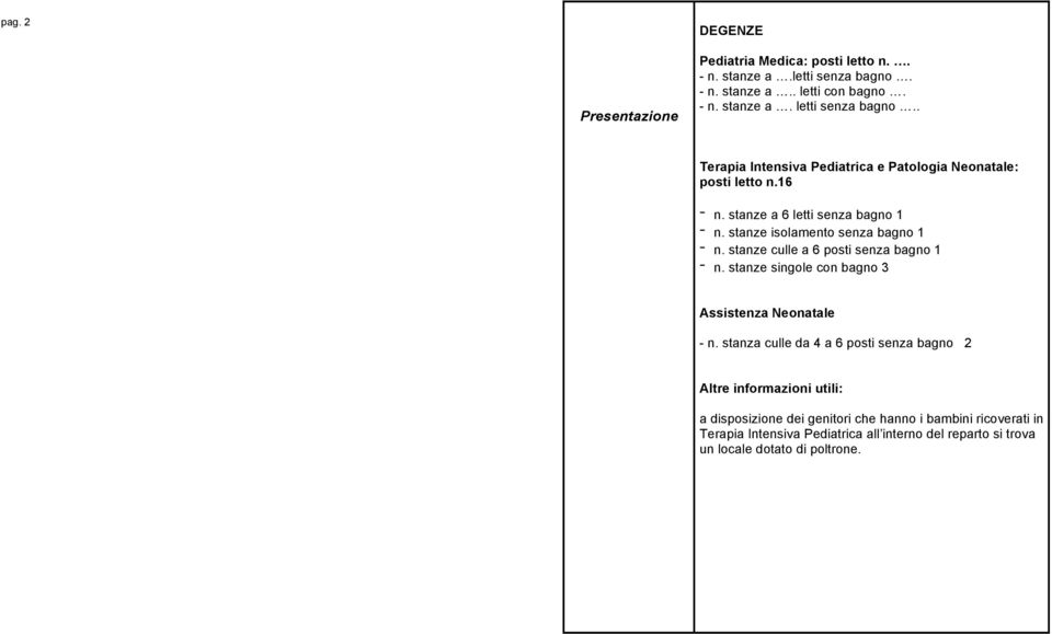 stanze culle a 6 posti senza bagno 1 - n. stanze singole con bagno 3 Assistenza Neonatale - n.
