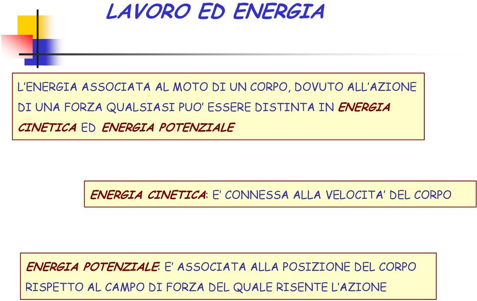 ENERGIA CINETICA: E CONNESSA ALLA VELOCITA DEL CORPO ENERGIA POTENZIALE: E