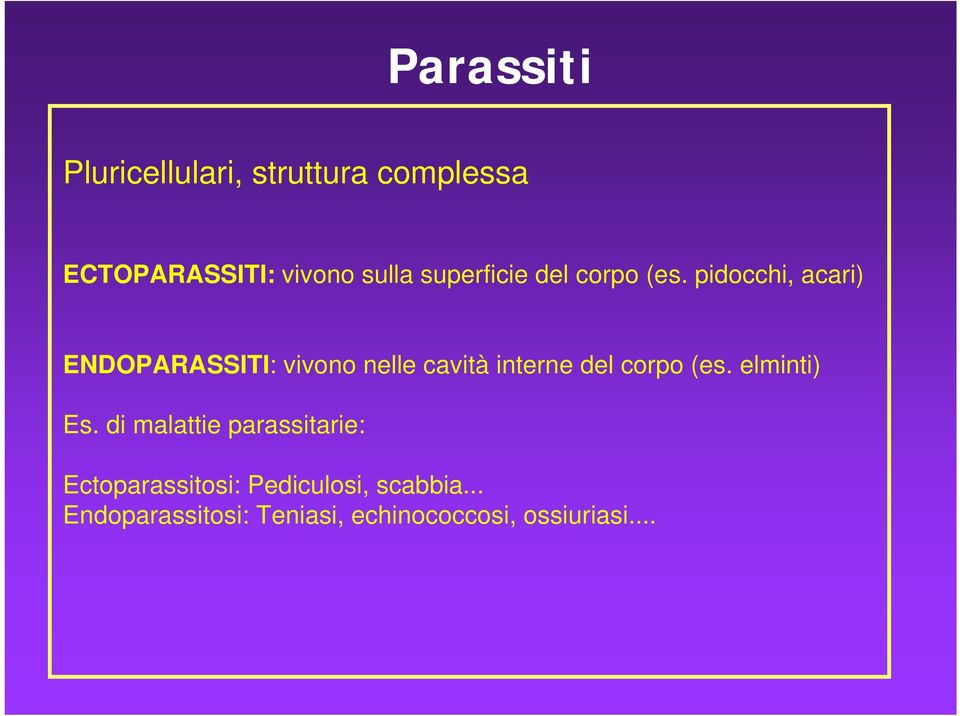 pidocchi, acari) ENDOPARASSITI: vivono nelle cavità interne del corpo (es.