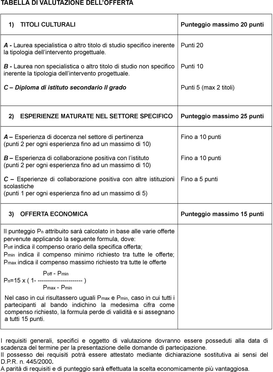 C Diploma di istituto secondario II grado Punti 20 Punti 10 Punti 5 (max 2 titoli) 2) ESPERIENZE MATURATE NEL SETTORE SPECIFICO Punteggio massimo 25 punti A Esperienza di docenza nel settore di