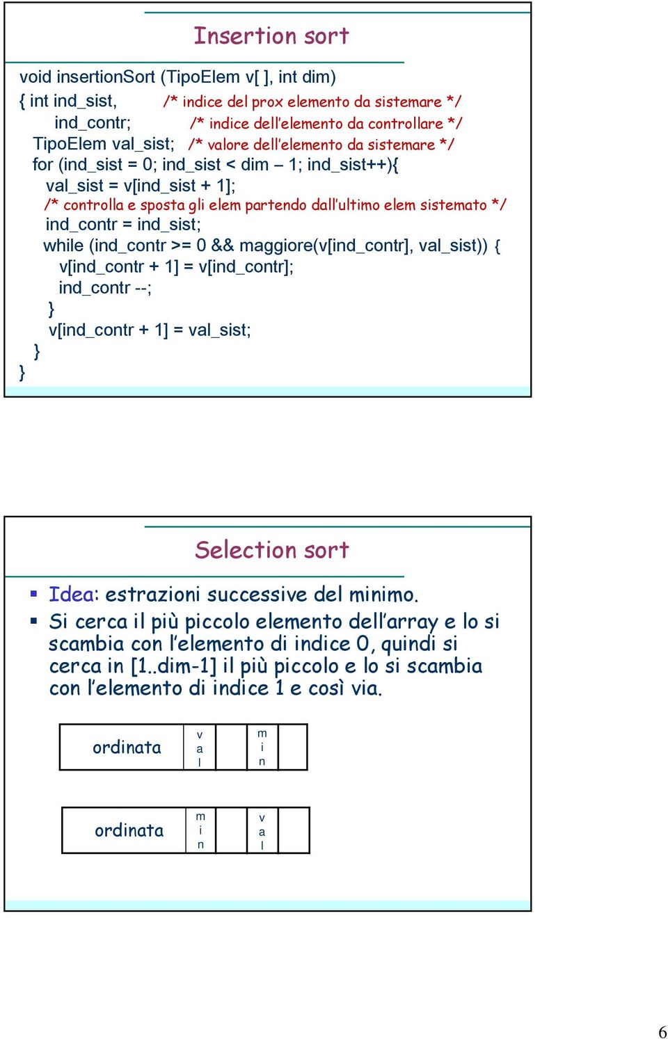 ind_sist; while (ind_contr >= 0 && maggiore(v[ind_contr], val_sist)) { v[ind_contr + 1] = v[ind_contr]; ind_contr --; v[ind_contr + 1] = val_sist; Selection sort Idea: estrazioni successive del