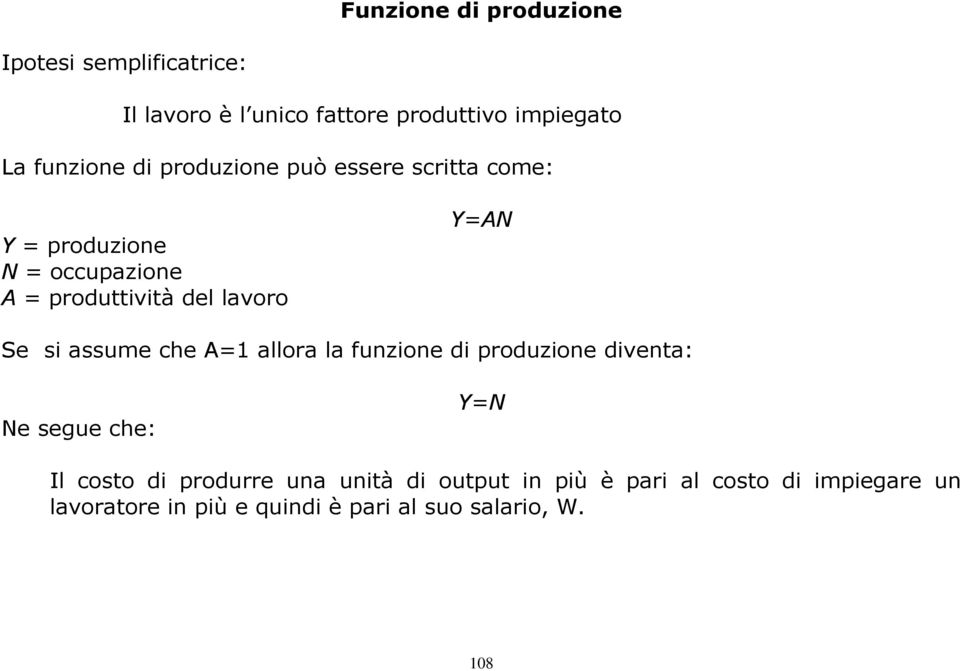 Y=AN Se si assume che A=1 allora la funzione di produzione diventa: Ne segue che: Y=N Il costo di produrre