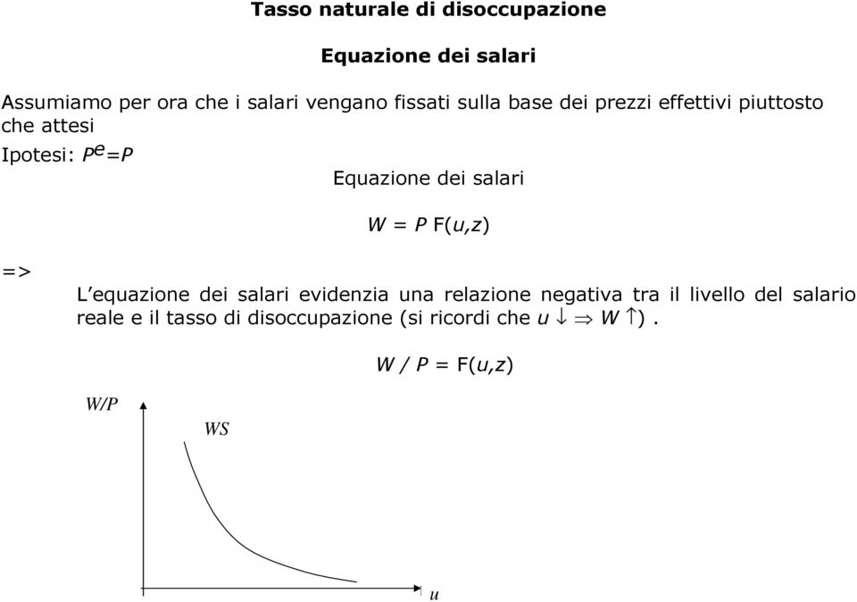 salari W = P F(u,z) => L equazione dei salari evidenzia una relazione negativa tra il livello
