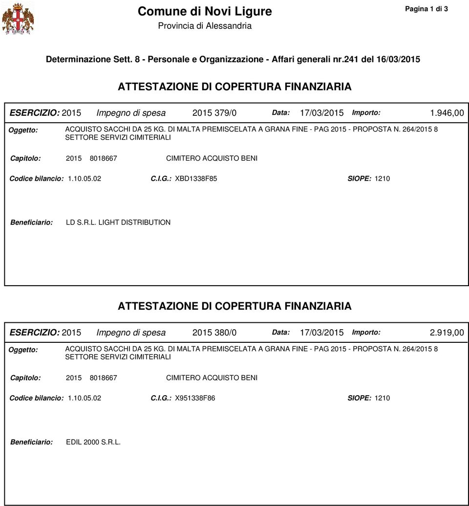 264/2015 8 SETTORE SERVIZI CIMITERIALI Capitolo: 2015 8018667 CIMITERO ACQUISTO BENI 1.10.05.02 XBD1338F85 SIOPE: 1210 LD S.R.L. LIGHT DISTRIBUTION 2015 380/0 2.