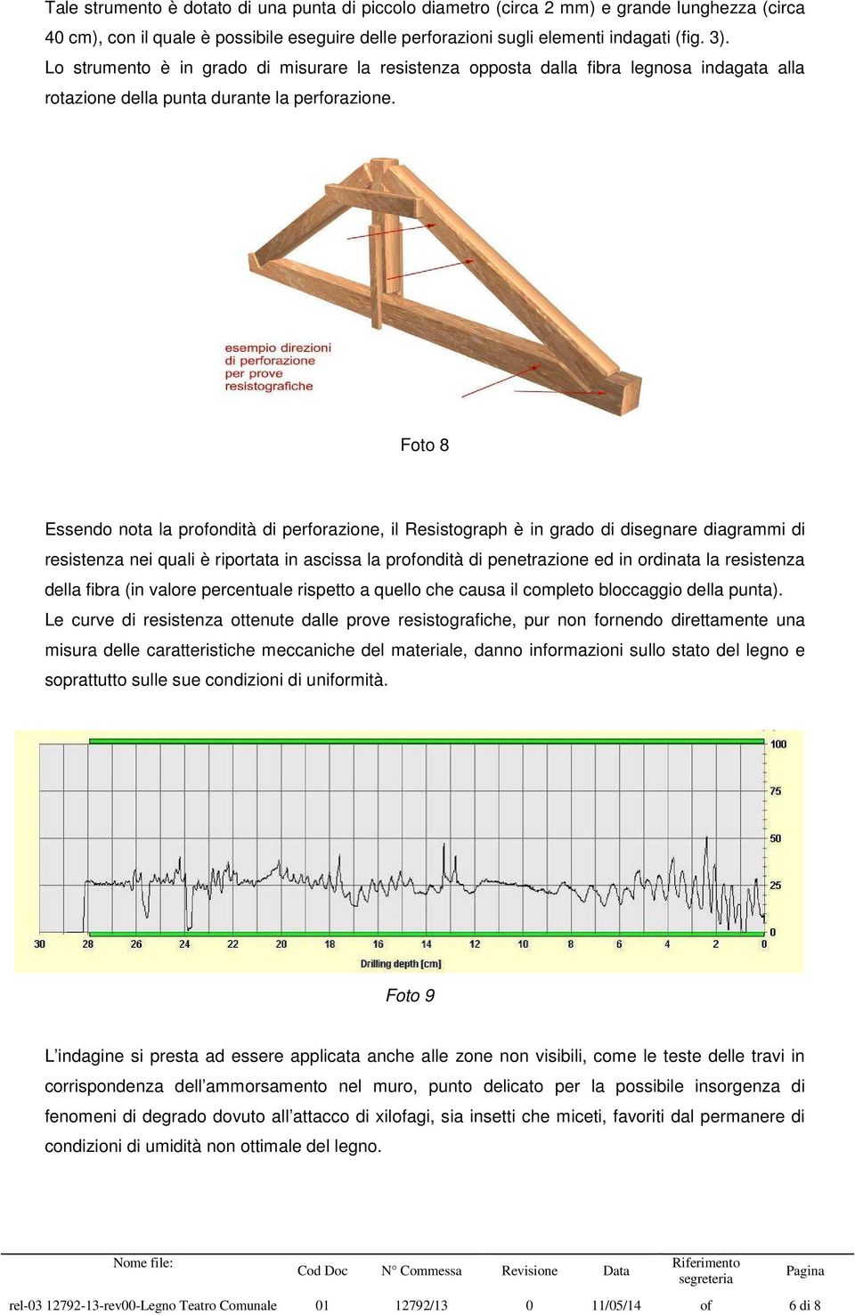 Foto 8 Essendo nota la profondità di perforazione, il Resistograph è in grado di disegnare diagrammi di resistenza nei quali è riportata in ascissa la profondità di penetrazione ed in ordinata la