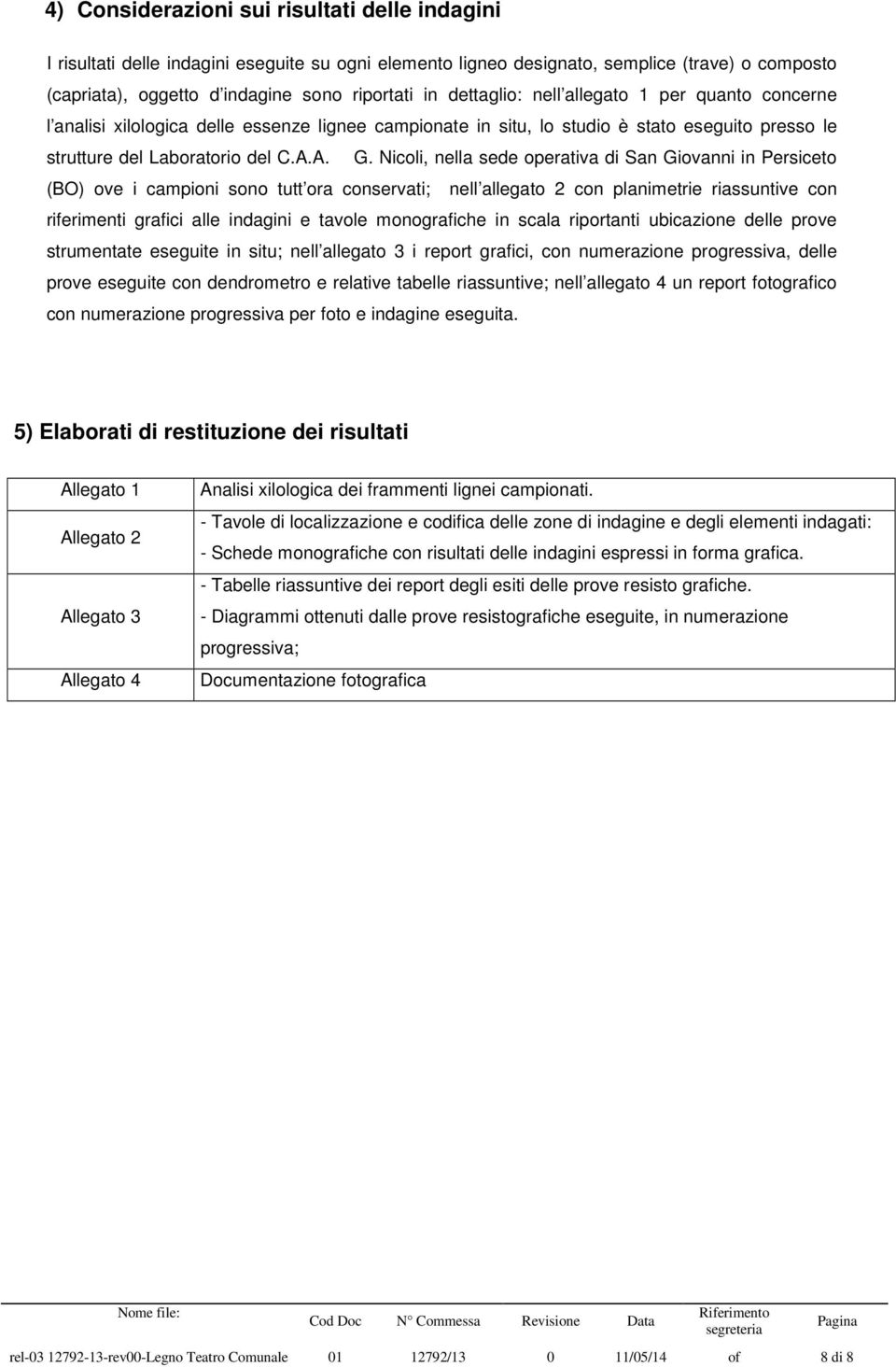 Nicoli, nella sede operativa di San Giovanni in Persiceto (BO) ove i campioni sono tutt ora conservati; nell allegato 2 con planimetrie riassuntive con riferimenti grafici alle indagini e tavole