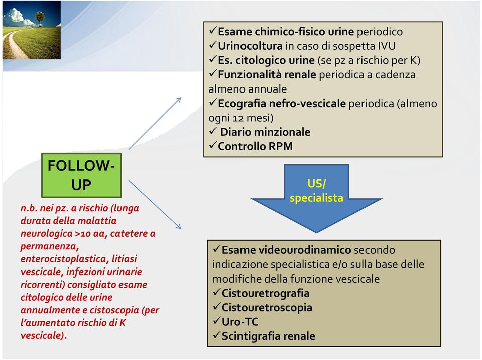 delle urine annualmente e cistoscopia (per l aumentato rischio di K vescicale). Esame chimico-fisico urine periodico Urinocoltura in caso di sospetta IVU Es.