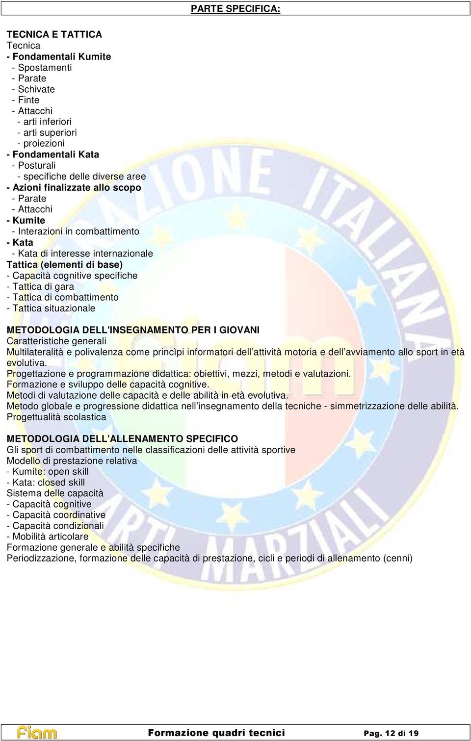 Capacità cognitive specifiche - Tattica di gara - Tattica di combattimento - Tattica situazionale METODOLOGIA DELL'INSEGNAMENTO PER I GIOVANI Caratteristiche generali Multilateralità e polivalenza