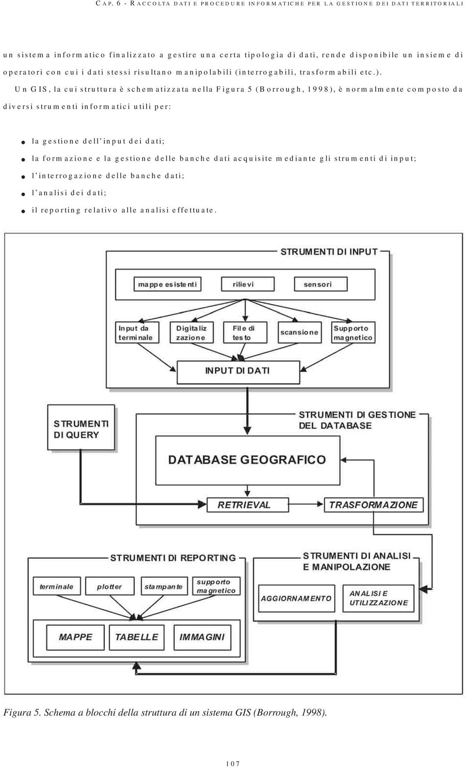 Un GIS, la cui struttura è schematizzata nella Figura 5 (Borrough, 1998), è normalmente composto da diversi strumenti informatici utili per: la gestione dell input dei dati; la