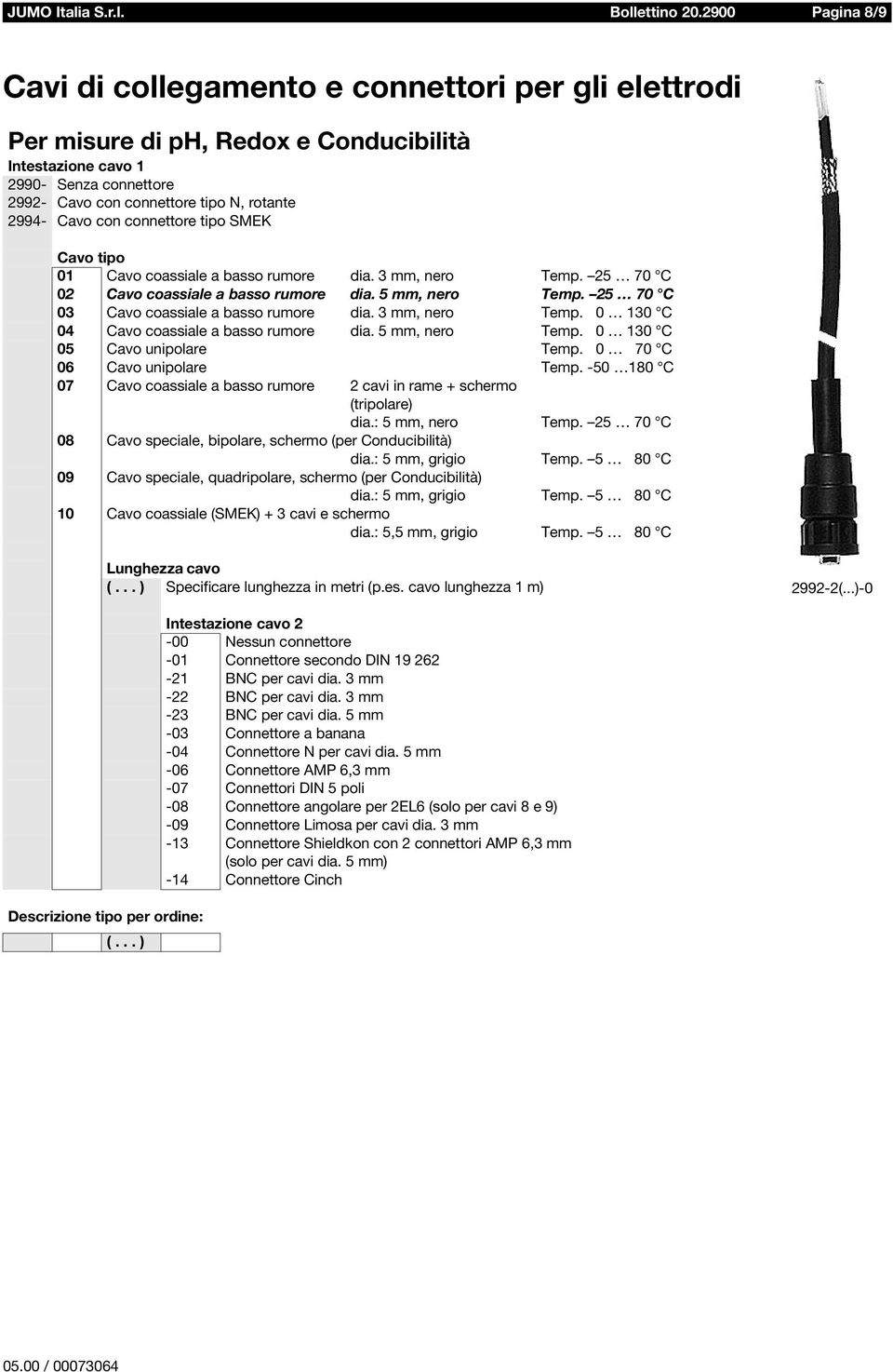 3 mm, nero Temp. 0 130 C 04 Cavo coassiale a basso rumore dia. 5 mm, nero Temp. 0 130 C 05 Cavo unipolare Temp. 0 70 C 06 Cavo unipolare Temp.