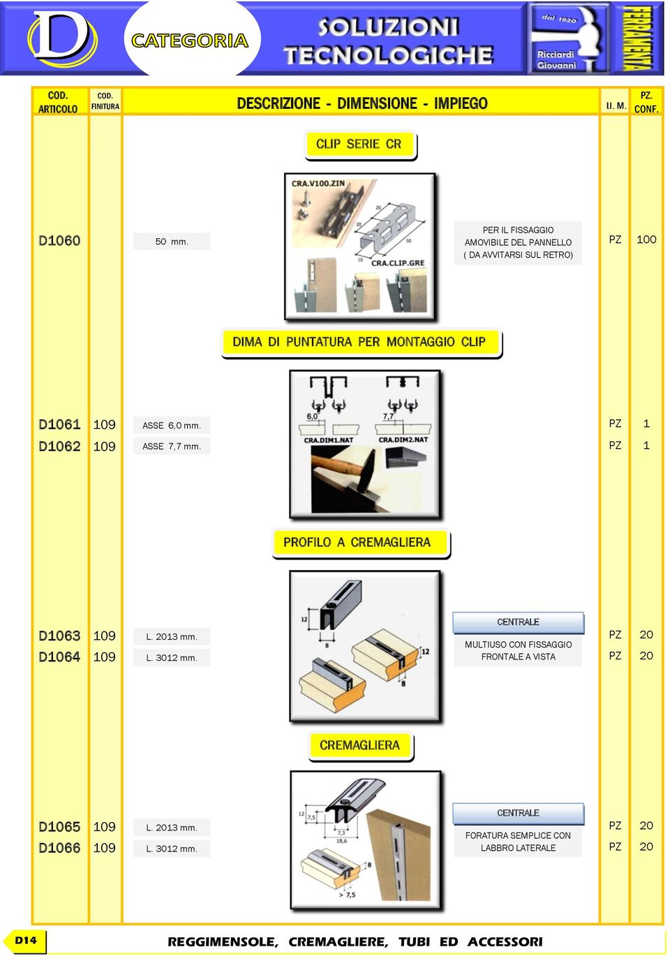 MONTAGGIO CLIP D1061 D1062 ASSE 6,0 mm. ASSE 7,7 mm. PROFILO A CREMAGLIERA D1063 D1064 L.