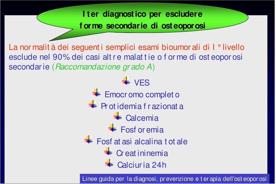 (Raccomandazione grado A) VES Emocromo completo Protidemia frazionata Calcemia Fosforemia Fosfatasi