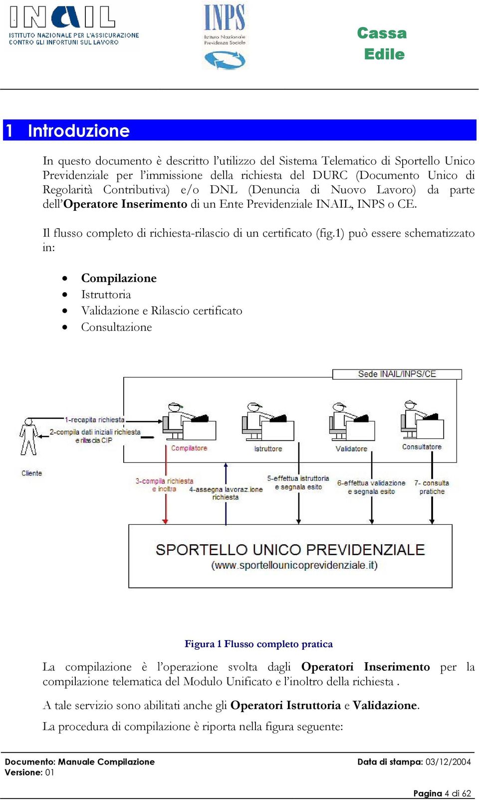 1) può essere schematizzato in: Compilazione Istruttoria Validazione e Rilascio certificato Consultazione Figura 1 Flusso completo pratica La compilazione è l operazione svolta dagli Operatori