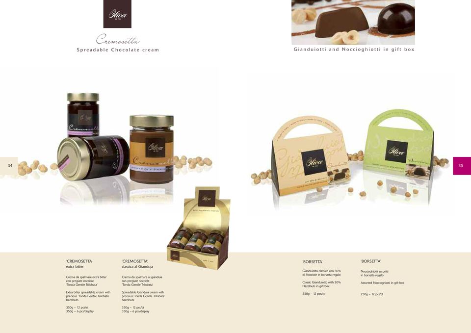 in borsetta regalo Classic Gianduiotto with 30% Hazelnuts in gift box BORSETTA Noccioghiotti assortiti in borsetta regalo Assorted Noccioghiotti in gift box Extra bitter spreadable cream with