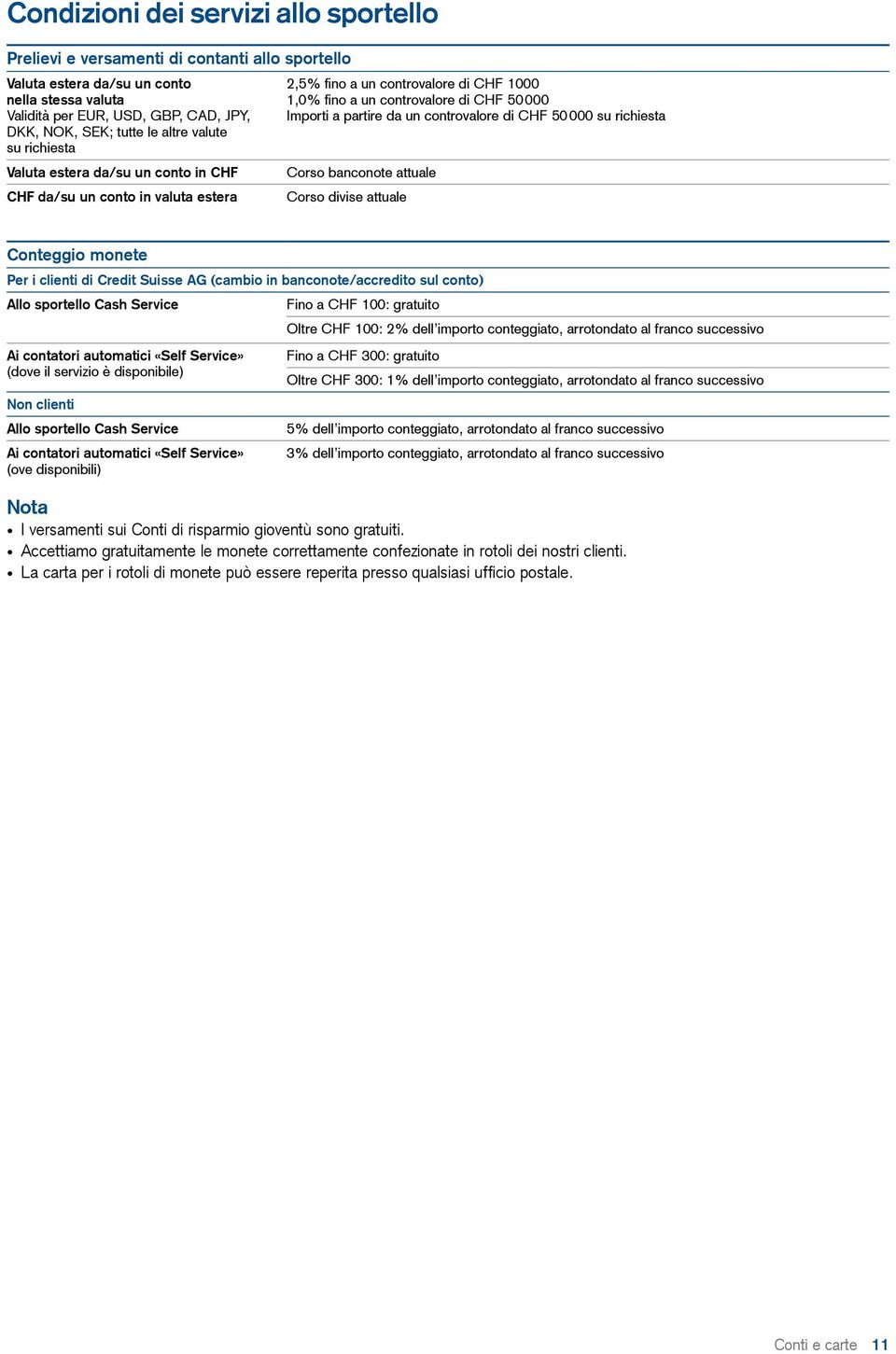 controvalore di CHF 50 000 Corso banconote attuale Corso divise attuale Conteggio monete Per i clienti di Credit Suisse AG (cambio in banconote/accredito sul conto) Allo sportello Cash Service Fino a