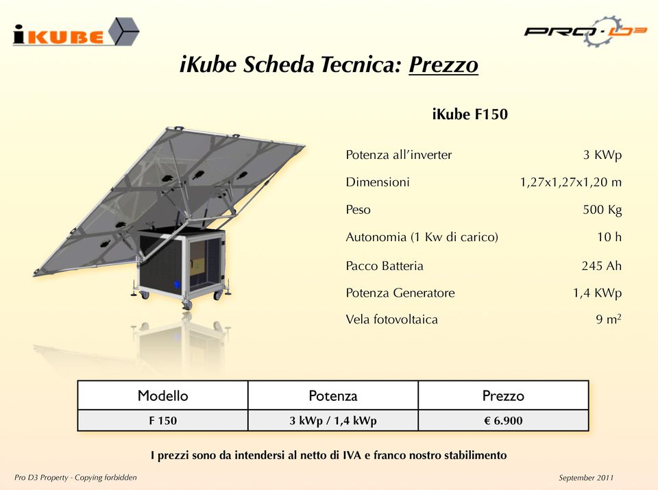 500 Kg 10 h 245 Ah 1,4 KWp Vela fotovoltaica 9 m 2 Modello Potenza Prezzo F 150 3