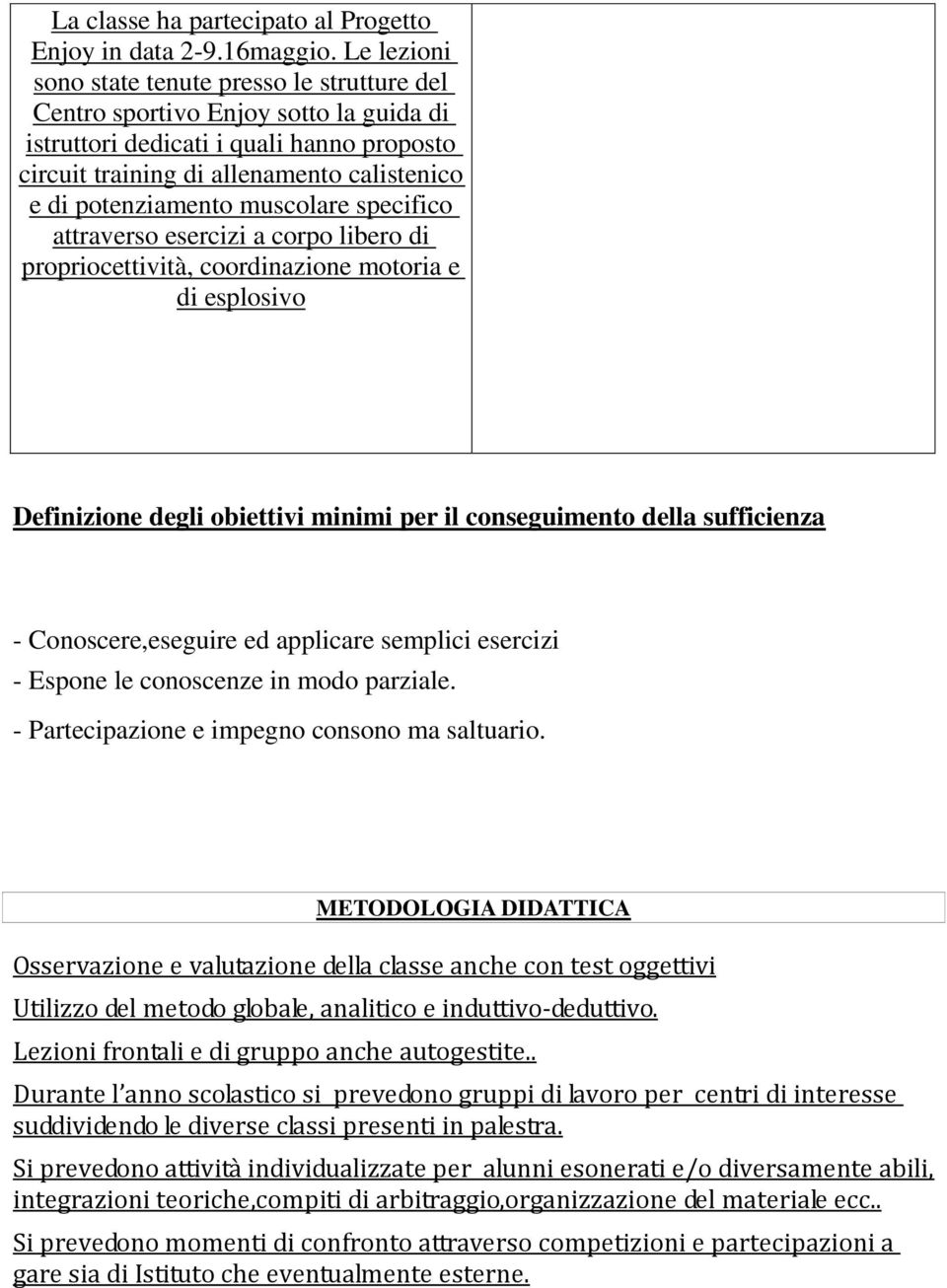 muscolare specifico attraverso esercizi a corpo libero di propriocettività, coordinazione motoria e di esplosivo Definizione degli obiettivi minimi per il conseguimento della sufficienza -