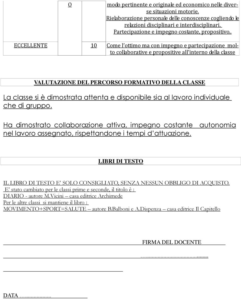 . ECCELLENTE 10 Come l ottimo ma con impegno e partecipazione molto collaborative e propositive all interno della classe VALUTAZIONE DEL PERCORSO FORMATIVO DELLA CLASSE La classe si è dimostrata