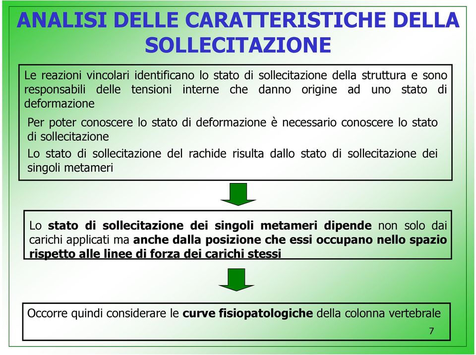 sollecitazione del rachide risulta dallo stato di sollecitazione dei singoli metameri Lo stato di sollecitazione dei singoli metameri dipende non solo dai carichi